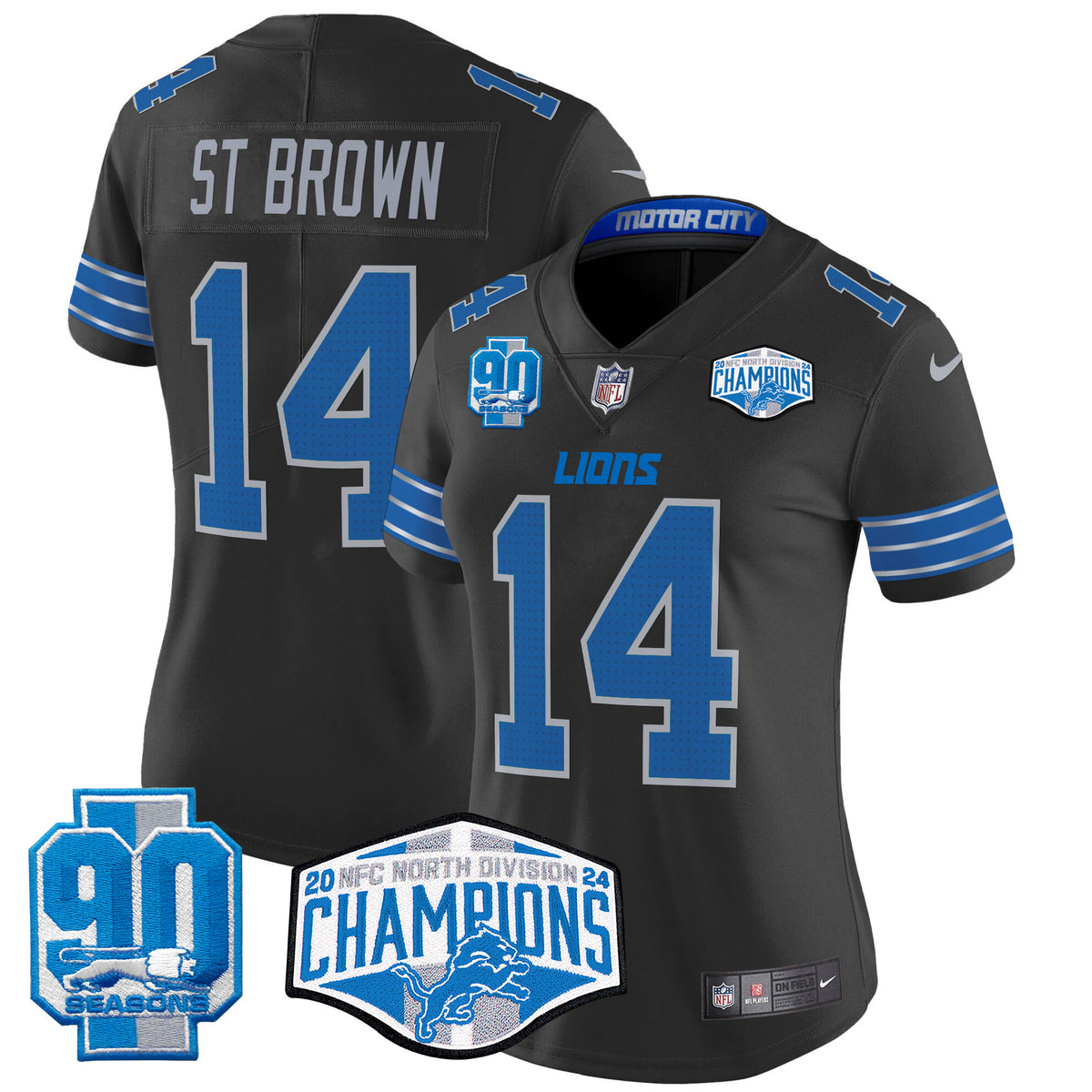 Women's Detroit Lions 2024 NFC North Division Champions Patch Vapor Limited Jersey - All Stitched - Black - St. Brown — view 1