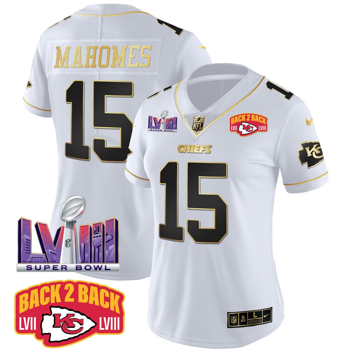 Women's Chiefs Super Bowl LVIII & Back 2 Back Patch Vapor Jersey V2 - All Stitched - White Gold - Patrick Mahomes — view 1