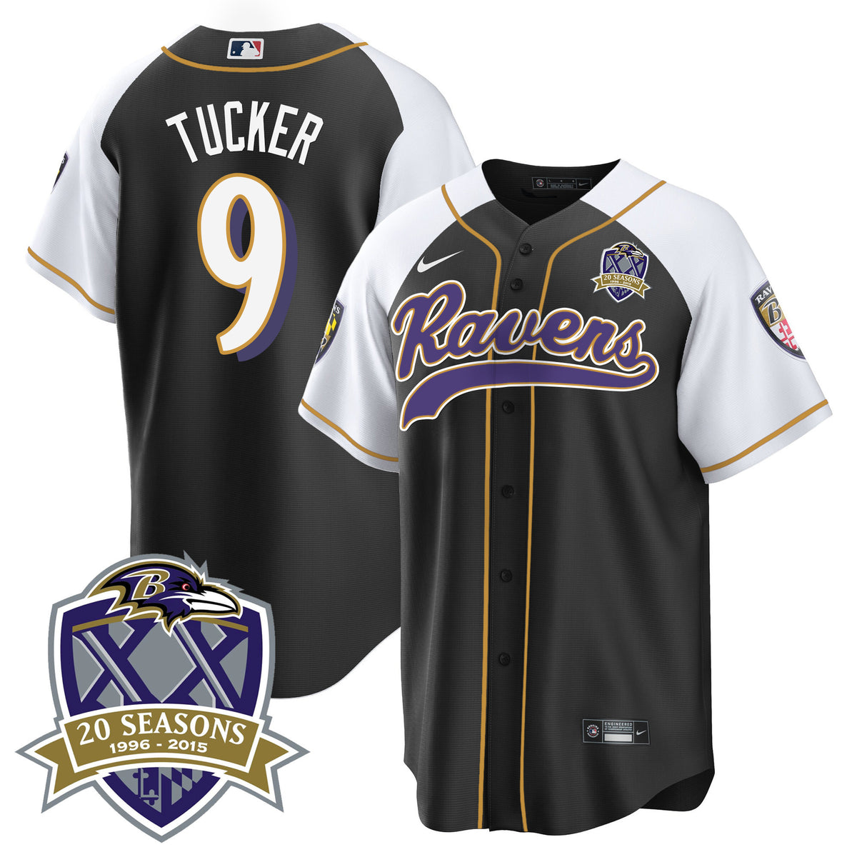 Men's Ravens 20th Season Patch Baseball Jersey - All Stitched - Black Alternate - Justin Tucker — view 1