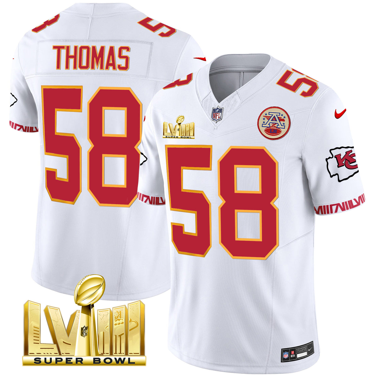Men's Chiefs Super Bowl LVIII Pattern Gold Vapor Jersey V2 - All Stitched - White - Derrick Thomas — view 1