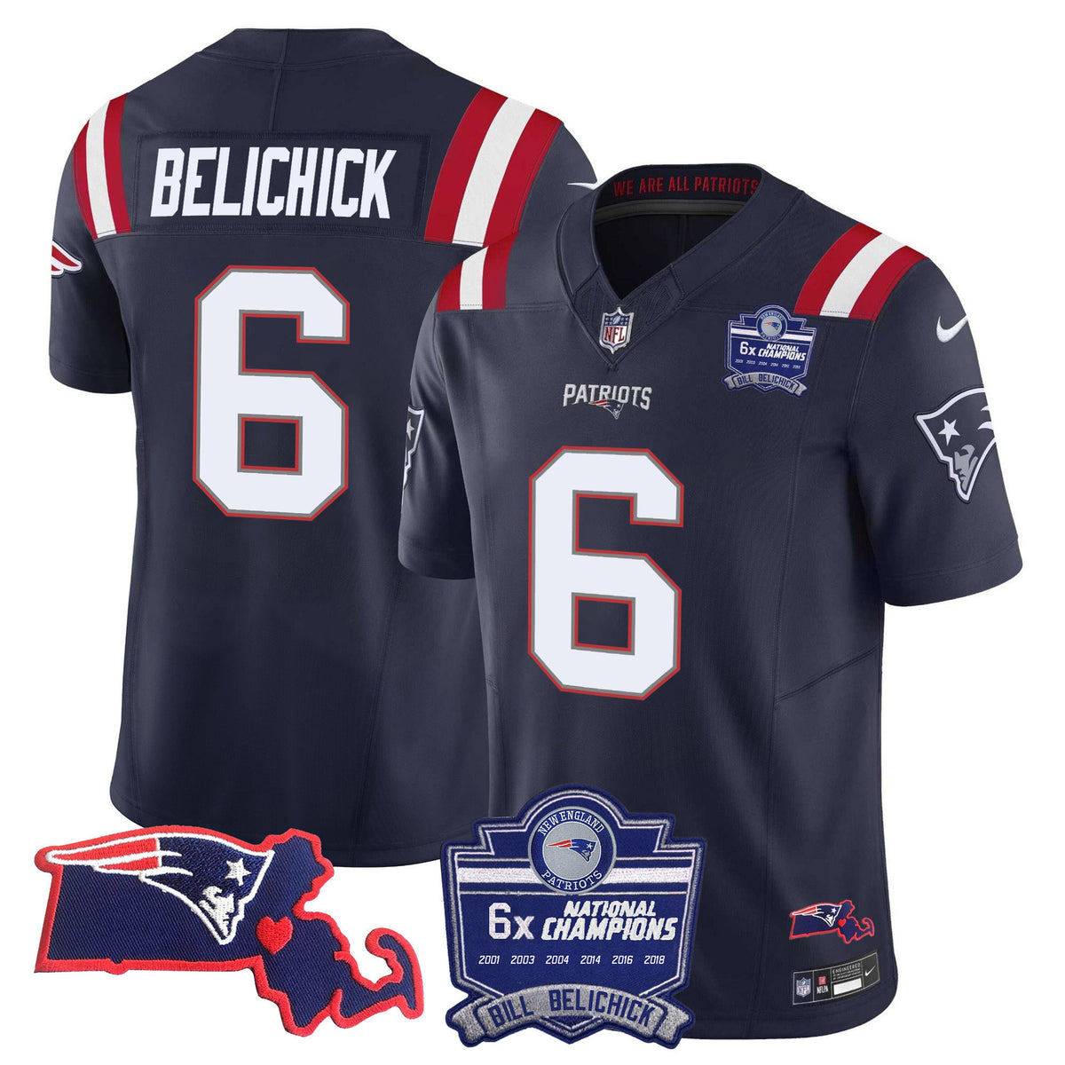 Women's Patriots Bill Belichick 6x Champions Patch Vapor Jersey - All Stitched - Navy - Bill Belichick — view 1