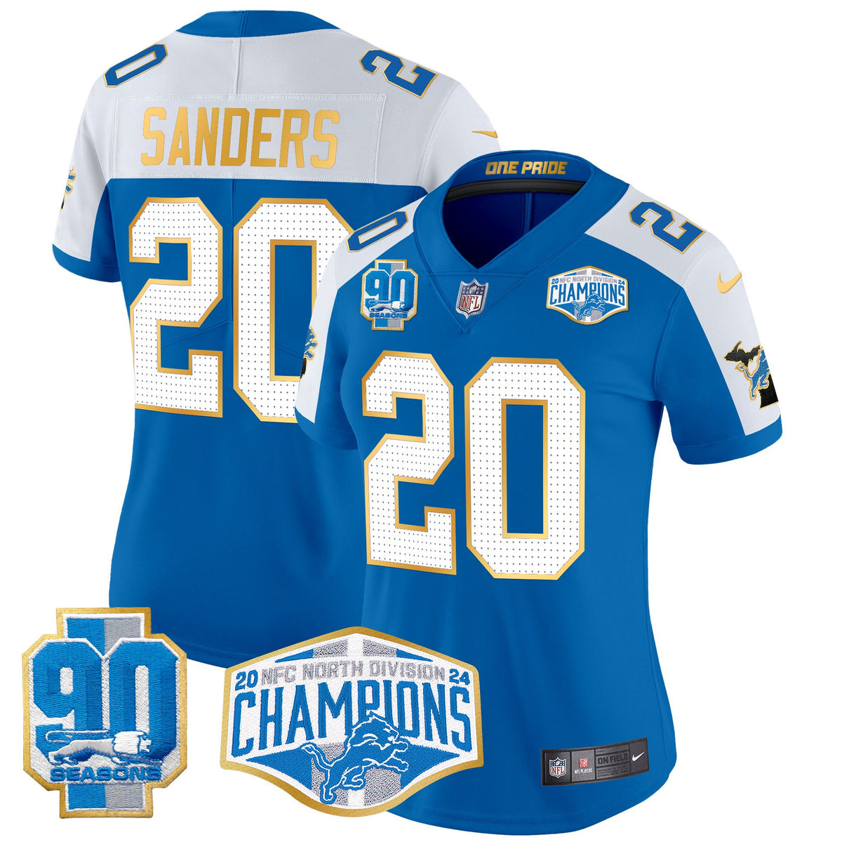 Women's Detroit Lions 2024 NFC North Division Champions Patch Gold Trim Vapor Limited Jersey - All Stitched - Blue Alternate - Barry Sanders — view 1