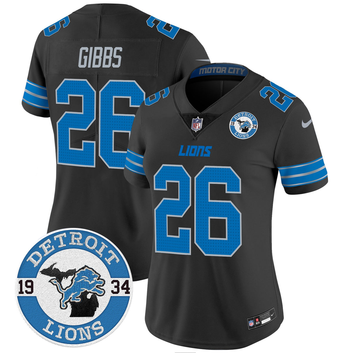 Women's Detroit Lions 2024 Vapor Limited Jersey - Est. 1934 Patch - All Stitched - Black - Jahmyr Gibbs — view 1