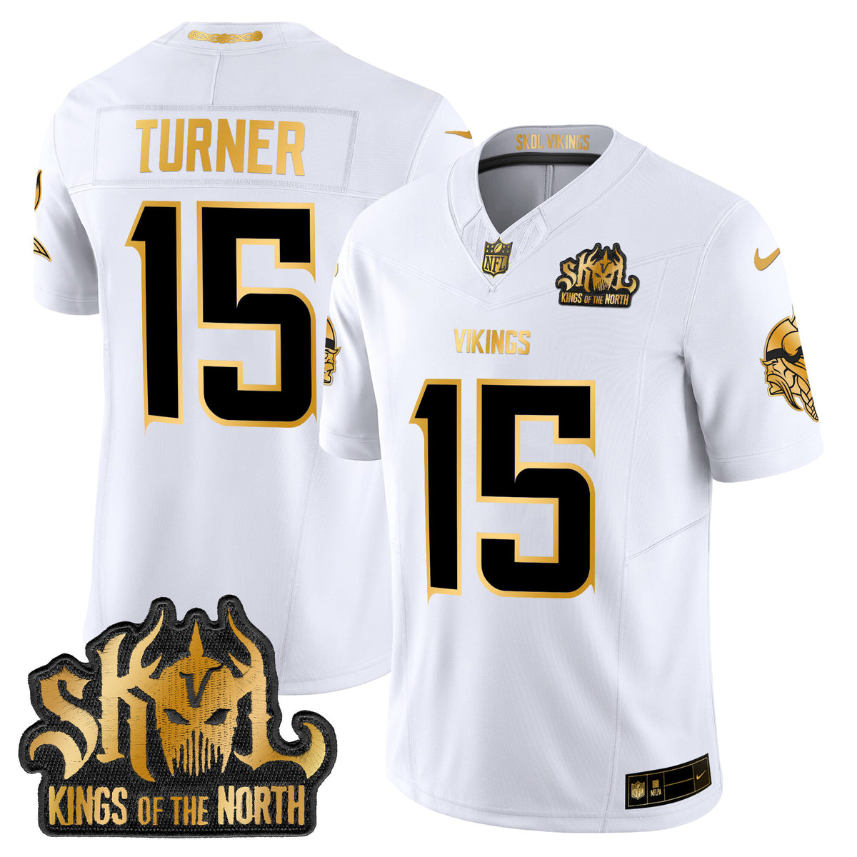 Men's Minnesota Vikings 2024 Winter Warrior Skol Patch Gold Vapor Limited Jersey - All Stitched - White Gold - Dallas Turner — view 1