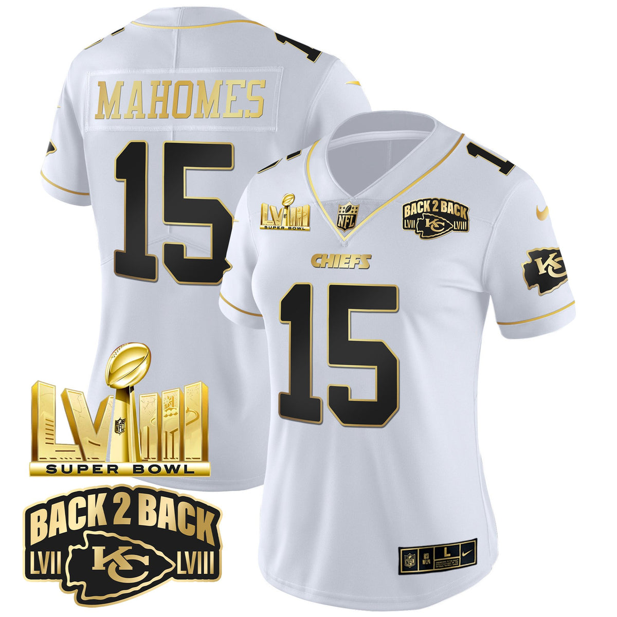 Women's Chiefs Super Bowl LVIII & Back 2 Back Gold Patch Vapor Jersey V2 - All Stitched - White Gold - Patrick Mahomes — view 1