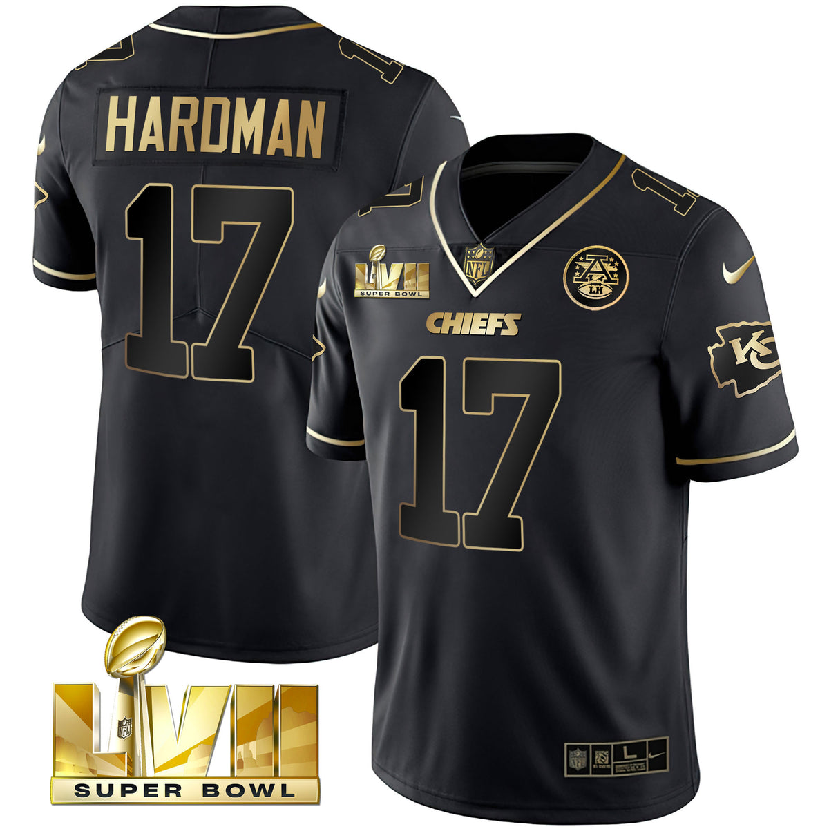 Youth's Chiefs Super Bowl Vapor Gold Jersey - All Stitched - Black Gold - Mecole Hardman — view 1
