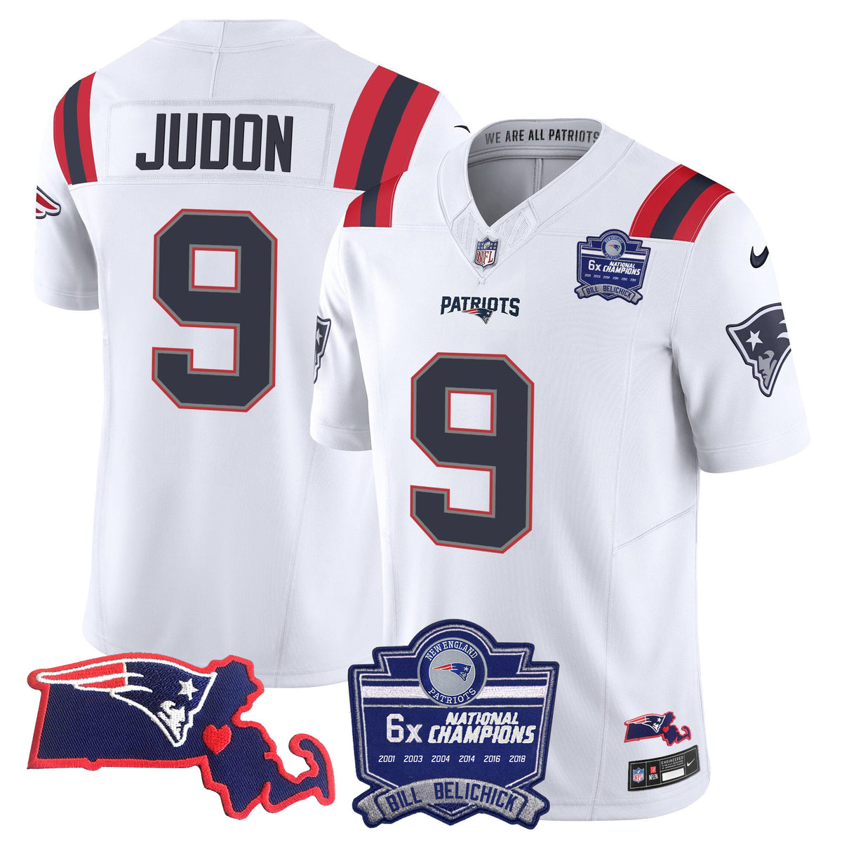 Men's Patriots Bill Belichick 6x Champions Patch Vapor Jersey - All Stitched - White - Matthew Judon — view 1