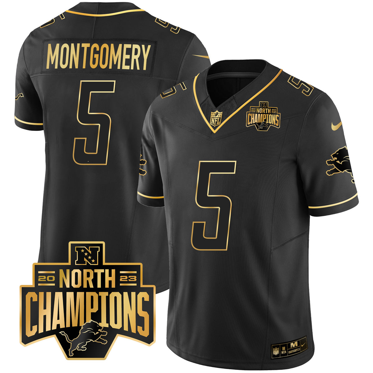 Men's Detroit Lions 2023 NFC North Division Champions Patch Vapor Gold Jersey - All Stitched - Black Gold - David Montgomery — view 1