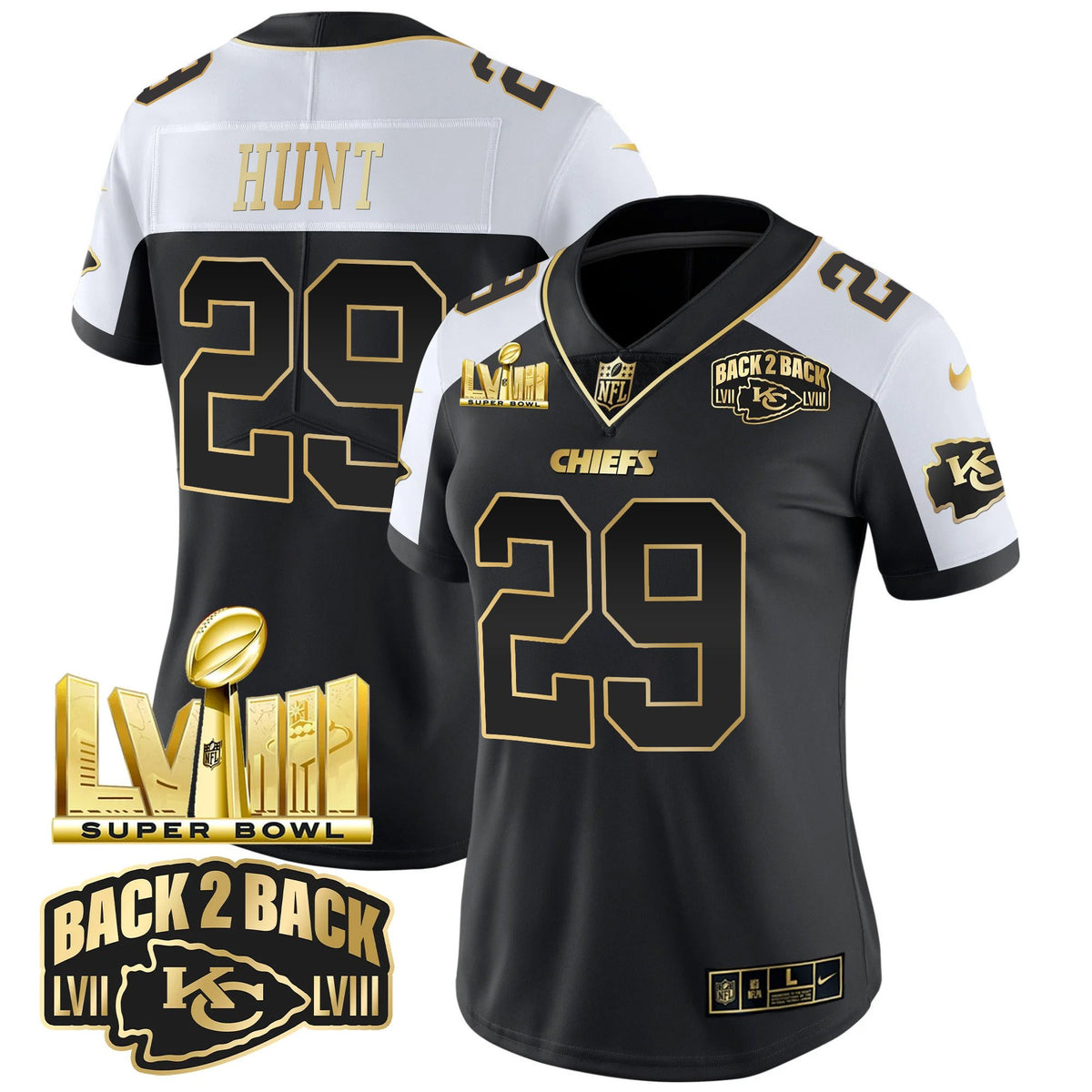 Women's Chiefs Super Bowl LVIII & Back 2 Back Gold Patch Vapor Jersey V2 - All Stitched - Alternate - Kareem Hunt — view 1