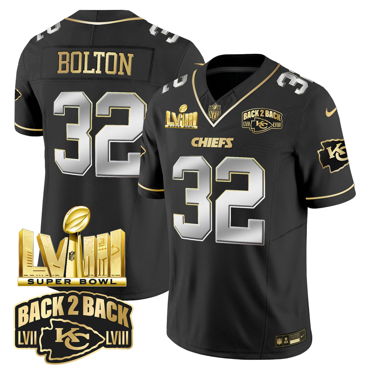 Men's Chiefs Super Bowl LVIII & Back 2 Back Gold Patch Vapor Jersey V2 - All Stitched - Black Limited - Nick Bolton — view 1