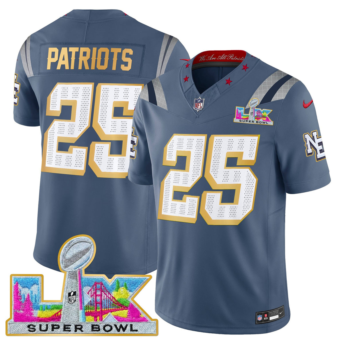 Men's New England Patriots Super Bowl LX Gold Trim Vapor Limited Jersey - All Stitched - Storm Blue - #25 Patriots — view 1