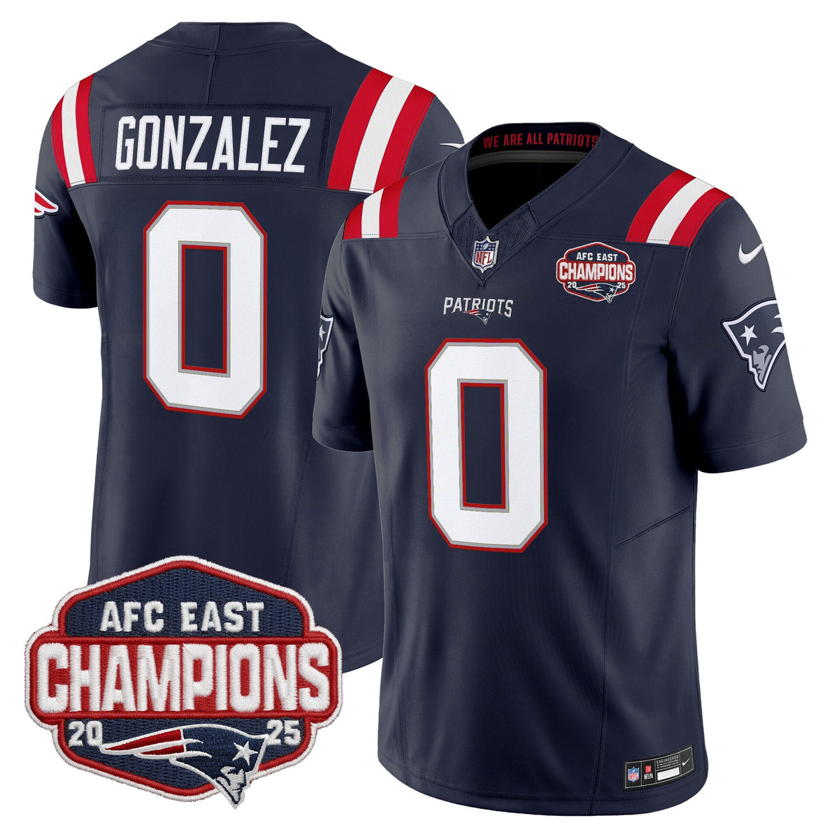 Men's New England Patriots 2025 AFC East Division Champions Vapor Limited Jersey - All Stitched - Navy - Christian Gonzalez — view 1