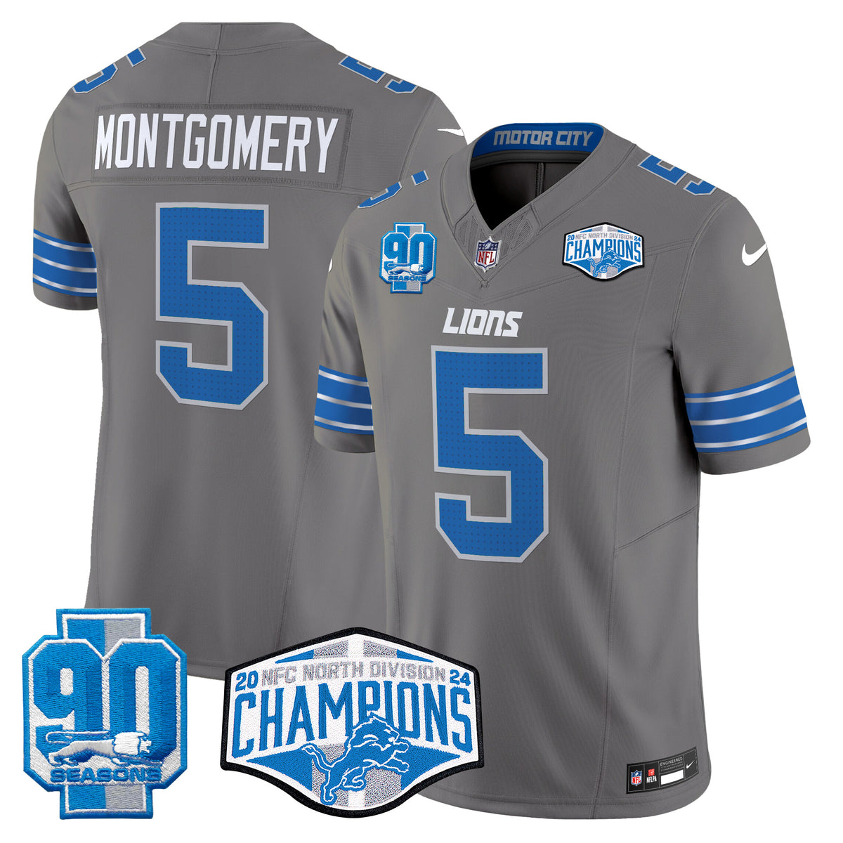 Men's Detroit Lions 2024 NFC North Division Champions Patch Vapor Limited Jersey - All Stitched - Gray - David Montgomery — view 1