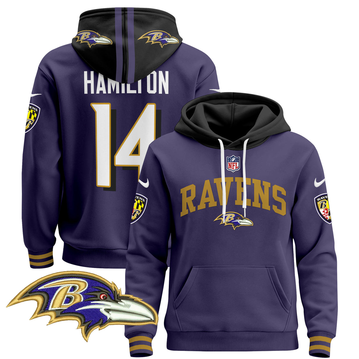 Men's Baltimore Ravens 2024 Pullover Hoodie V2 - All Stitched - Purple - Kyle Hamilton — view 1
