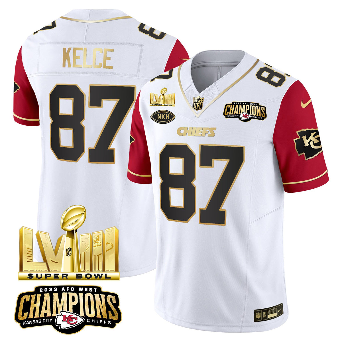 Men's Chiefs AFC West Champions & Super Bowl LVIII Gold Patch Vapor Jersey V2 - All Stitched - Color Sleeves - Travis Kelce — view 1