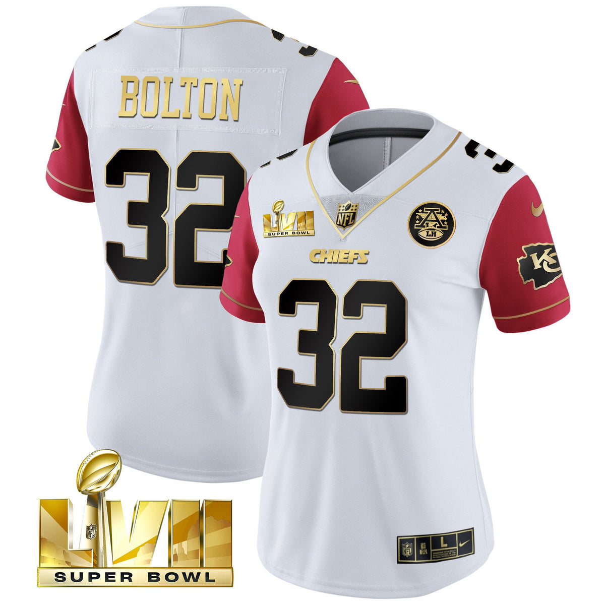 Women's Chiefs Super Bowl Vapor Gold Jersey - All Stitched - Color Sleeve - Nick Bolton — view 1
