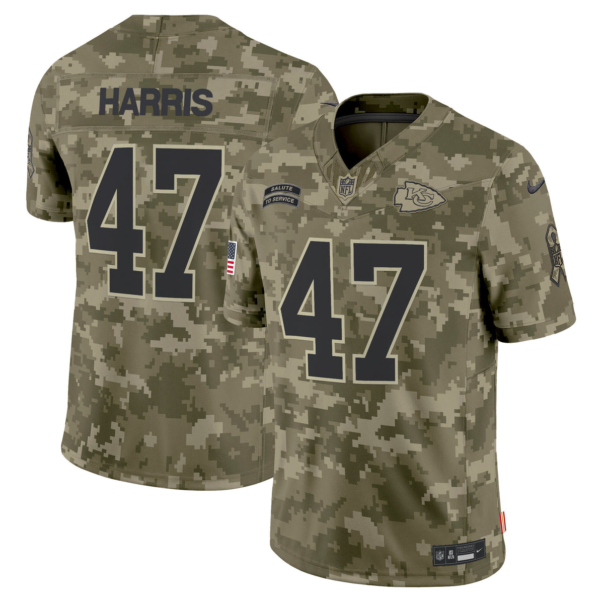 Men's Kansas City Chiefs 2024 Salute to Service Vapor Limited Jersey - All stitched - Olive Camo - Kamala Harris — view 1