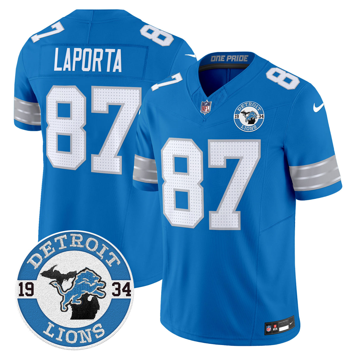 Men's Detroit Lions 2024 Vapor Limited Jersey - Est. 1934 Patch - All Stitched - Blue - Sam Laporta — view 1