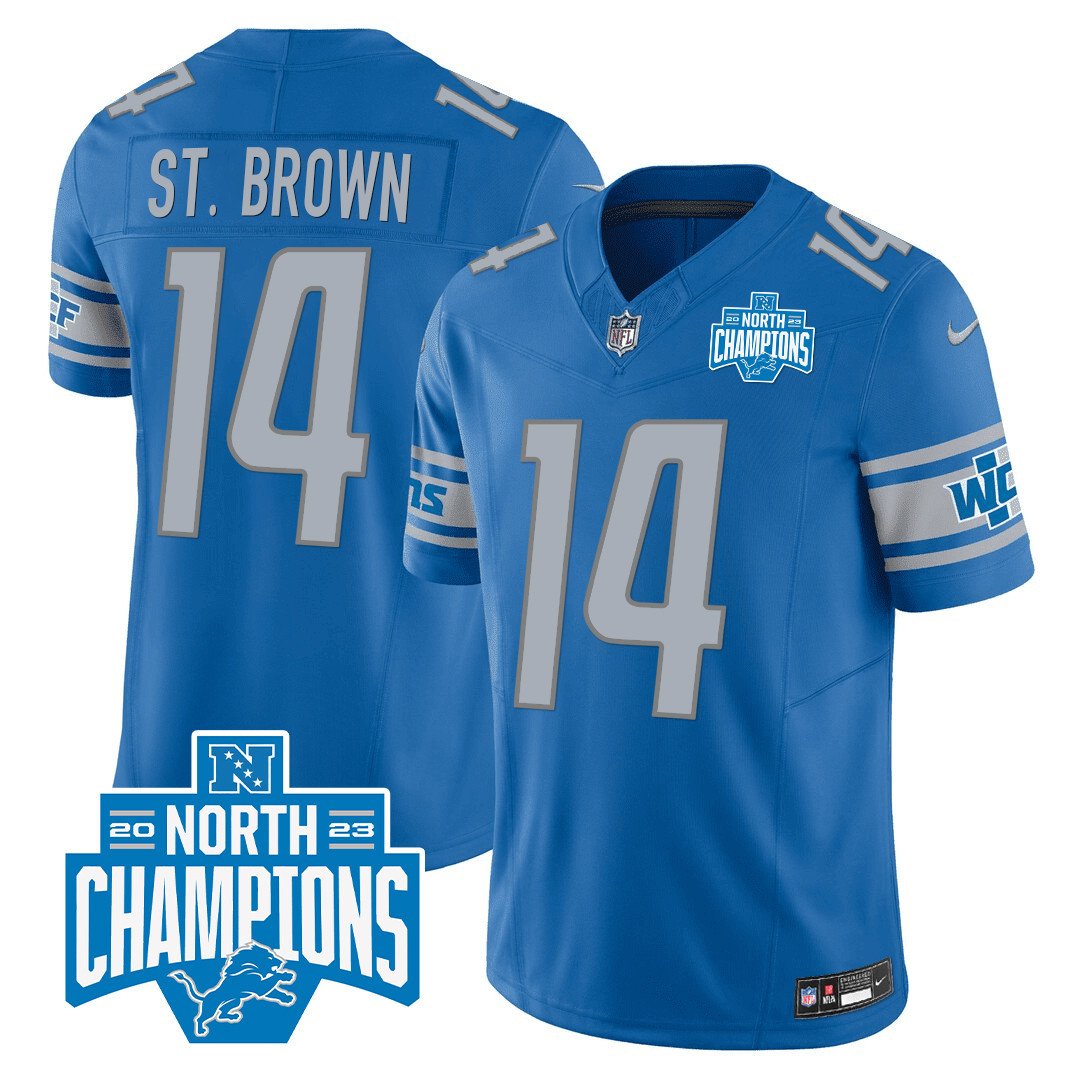 Men's Detroit Lions 2023 NFC North Division Champions Patch Vapor Jersey - All Stitched - Blue - St. Brown — view 1