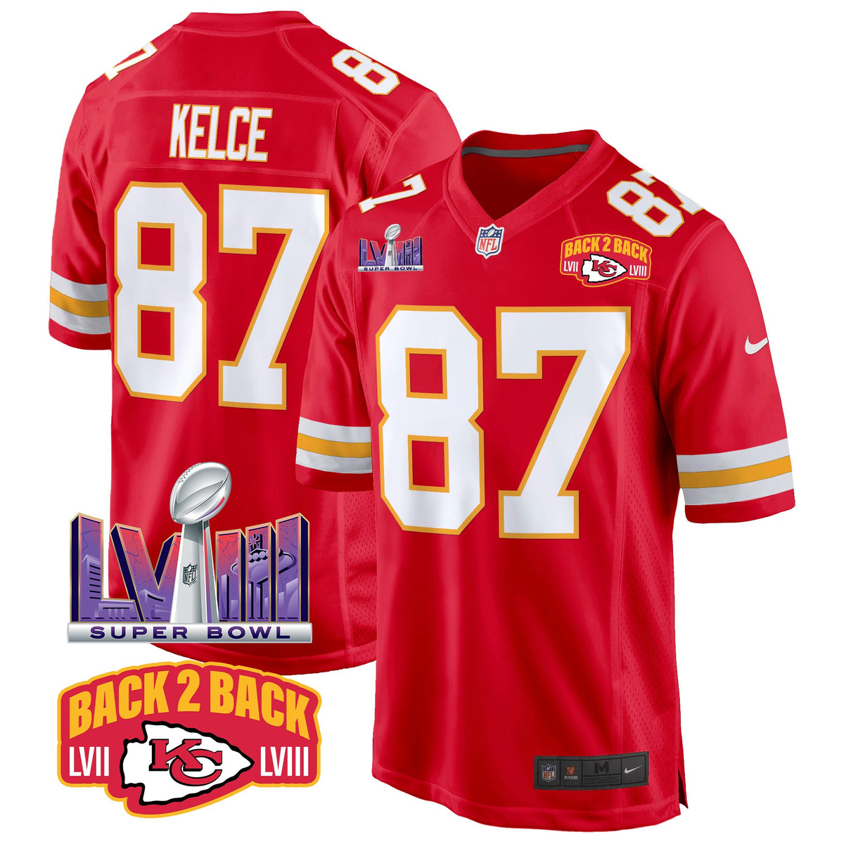 Men's Chiefs Super Bowl LVIII & Back 2 Back Patch Game Jersey - All Stitched - Red - Travis Kelce — view 1
