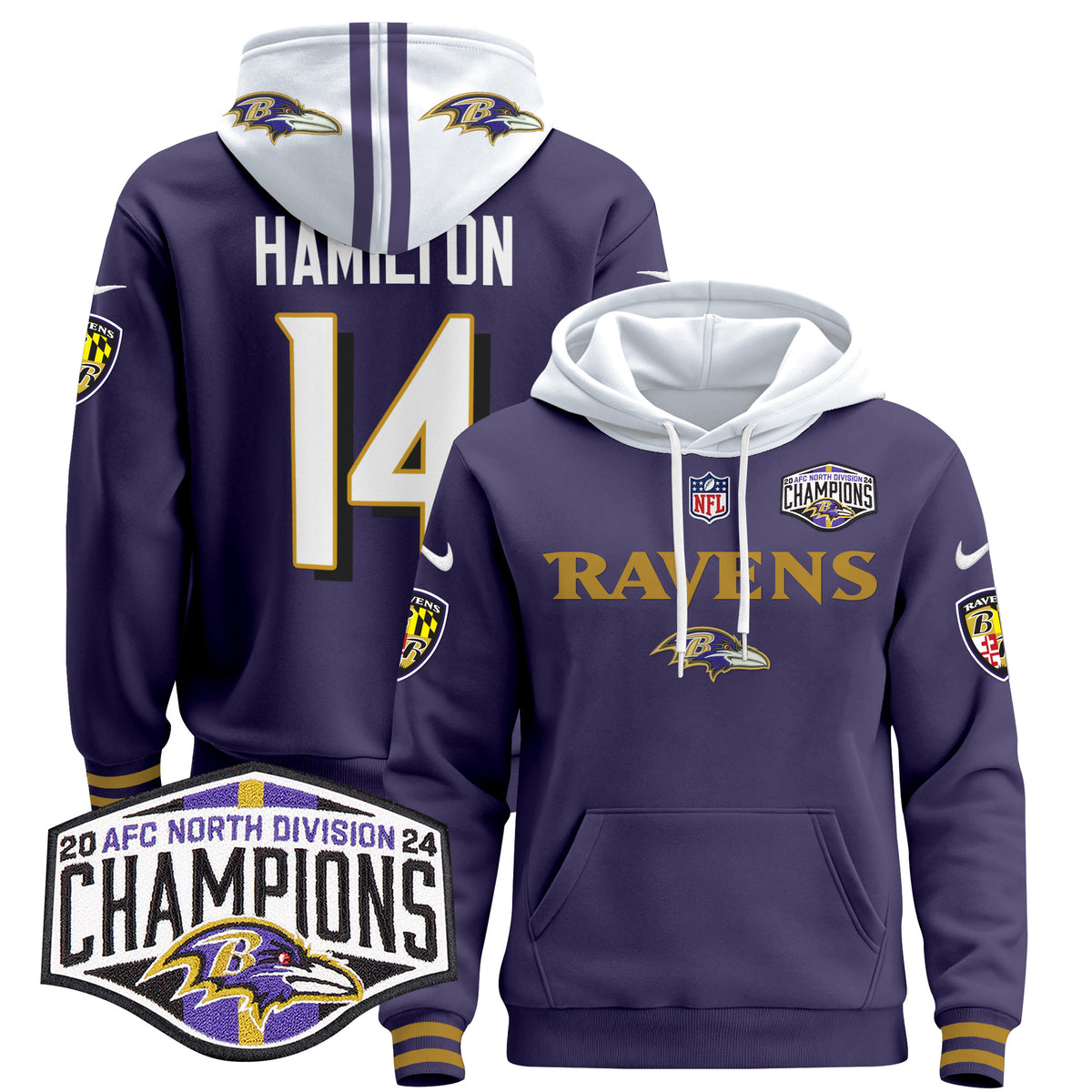 Men's Baltimore Ravens 2024 AFC North Division Champions Patch Pullover Hoodie - All Stitched - Purple - Kyle Hamilton — view 1