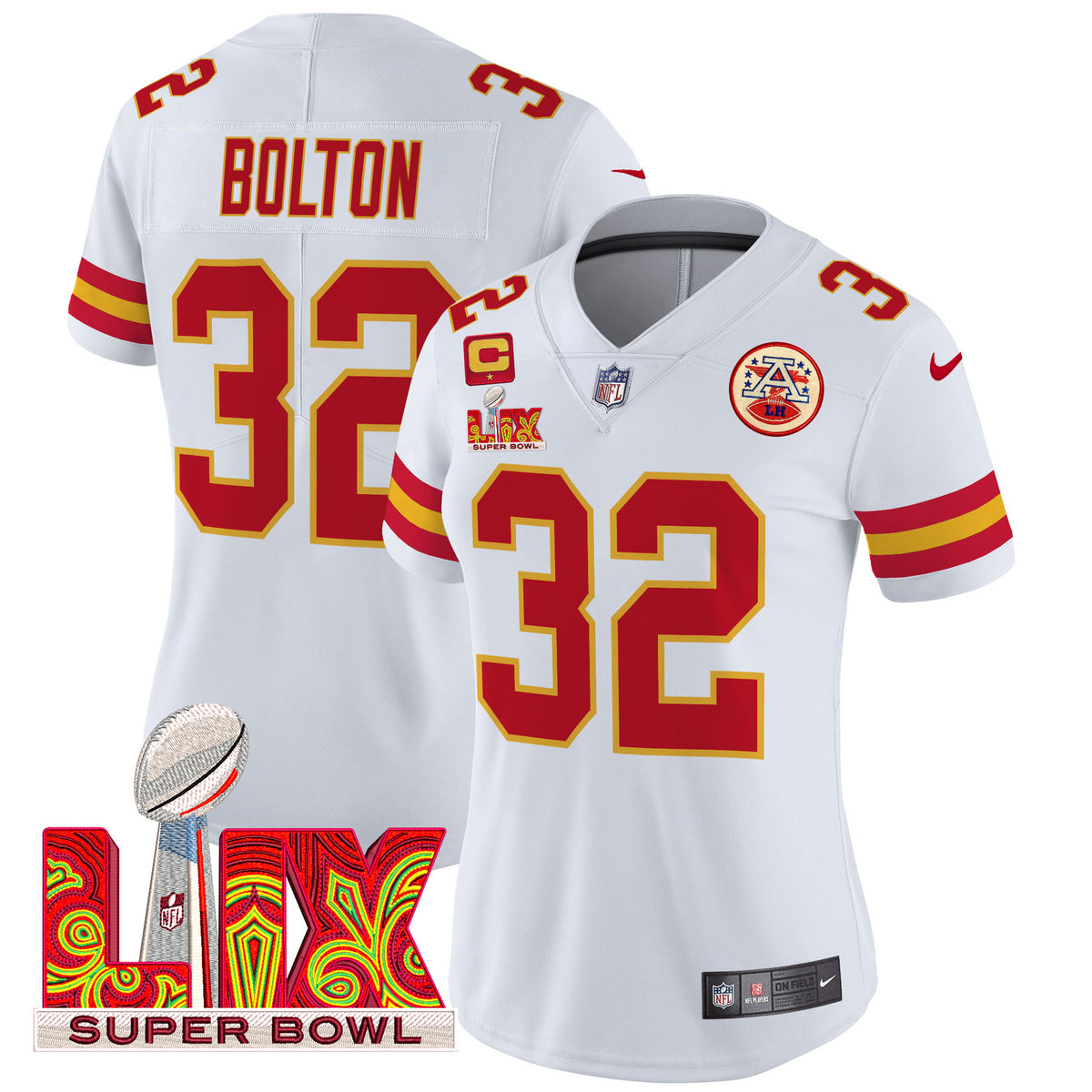 Women's Chiefs Super Bowl LIX Patch Vapor Limited Jersey - All Stitched - White - Nick Bolton — view 1