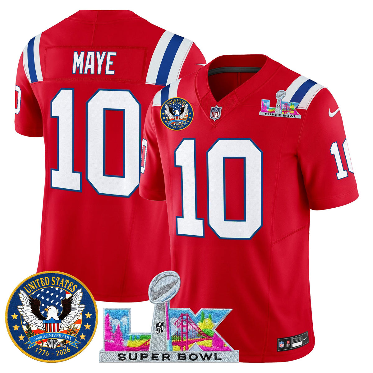 Men's New England Patriots Super Bowl LX & United States 250th Patch Vapor Limited Jersey - All Stitched - Red - Drake Maye — view 1