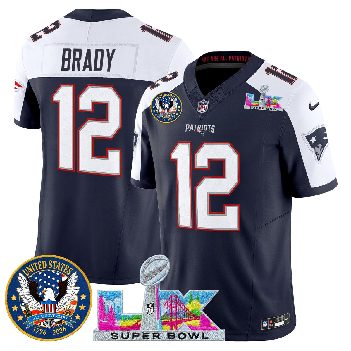 Men's New England Patriots Super Bowl LX & United States 250th Patch Vapor Limited Jersey - All Stitched - Navy Alternate - Tom Brady — view 1
