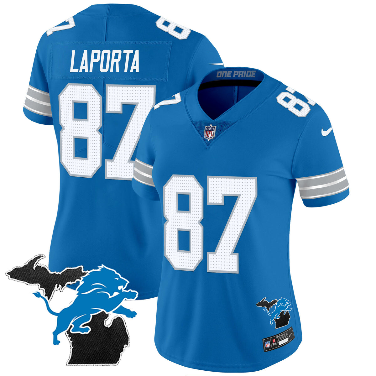 Women's Detroit Lions 2024 Michigan Patch Vapor Jersey - All Stitched - Blue - Sam Laporta — view 1
