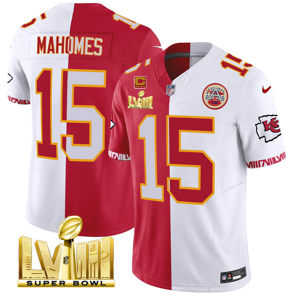 Men's Chiefs Super Bowl LVIII Pattern Gold Vapor Jersey - All Stitched - Split - Patrick Mahomes — view 1