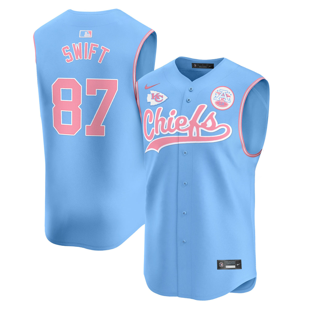 Unisex Chiefs Bubblegum Pink Vapor Premier Sleeveless Jersey - All Stitched - Light Blue - Taylor Swift — view 1