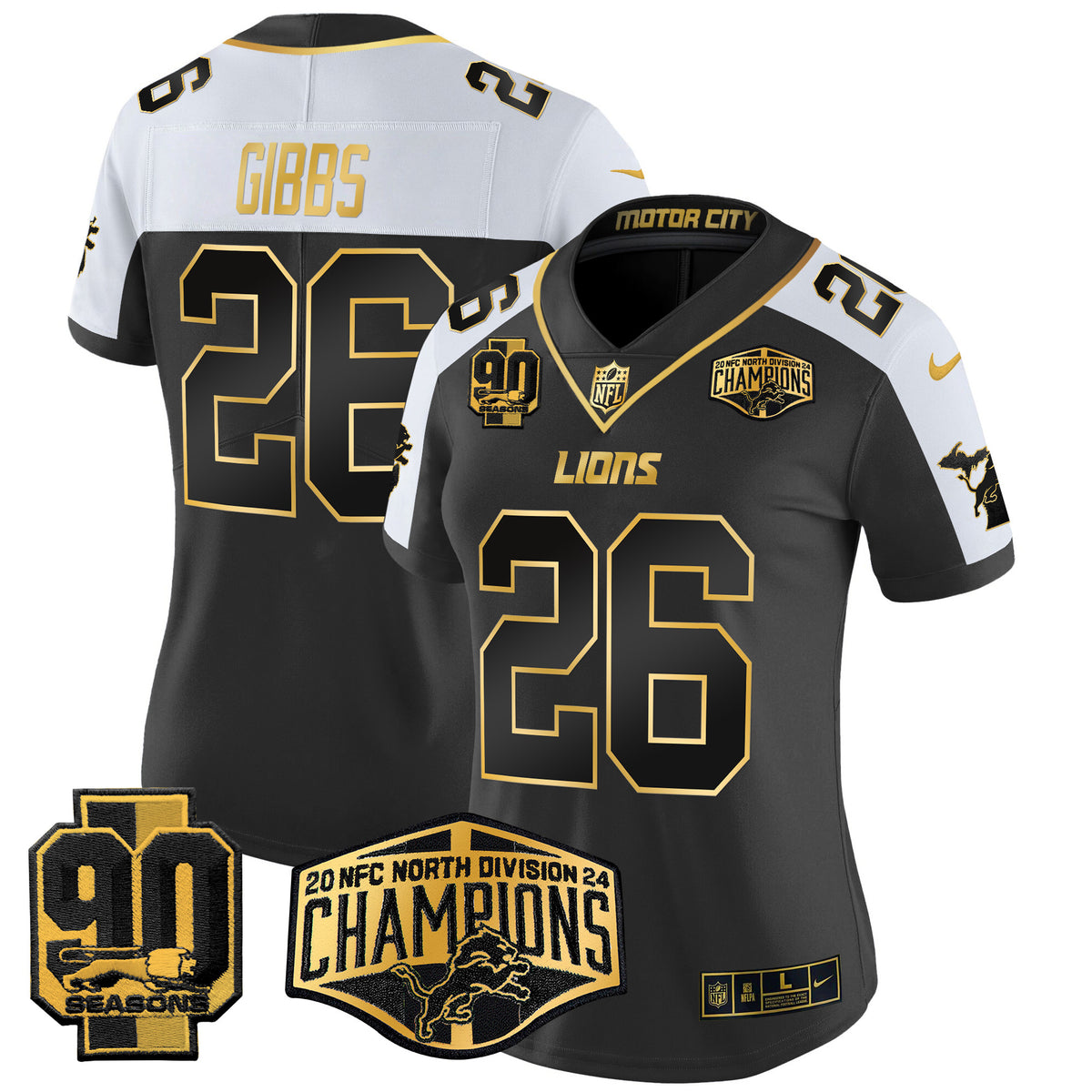 Women's Detroit Lions 2024 NFC North Division Champions Patch Gold Vapor Limited Jersey - All Stitched - Alternate - Jahmyr Gibbs — view 1