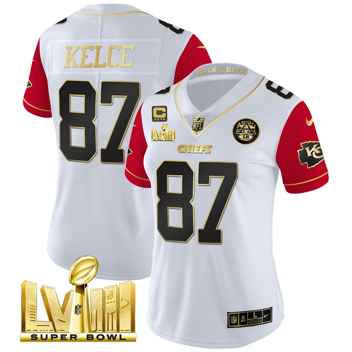 Women's Chiefs Super Bowl LVIII & Back 2 Back Patch Vapor Jersey V5 - All Stitched - Color Sleeves - Travis Kelce — view 1