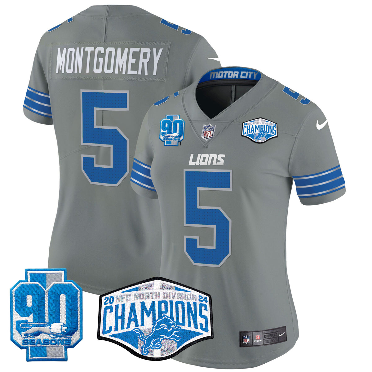 Women's Detroit Lions 2024 NFC North Division Champions Patch Vapor Limited Jersey - All Stitched - Gray - David Montgomery — view 1