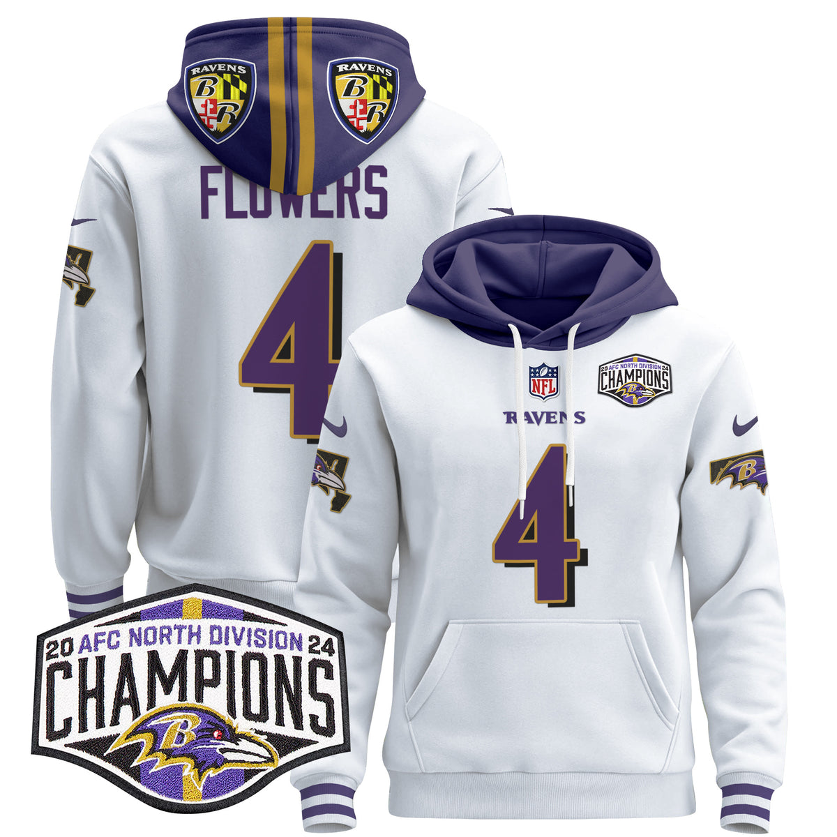 Men's Baltimore Ravens 2024 AFC North Division Champions Patch Pullover Hoodie V2 - All Stitched - White - Zay Flowers — view 1
