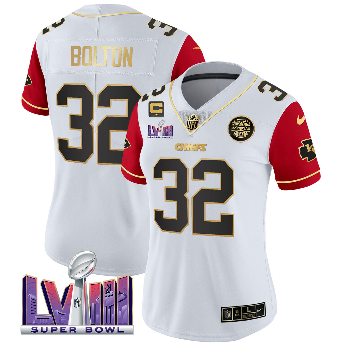 Women's Chiefs Super Bowl LVIII Patch Vapor Jersey V4 - All Stitched - Color Sleeves - Nick Bolton — view 1