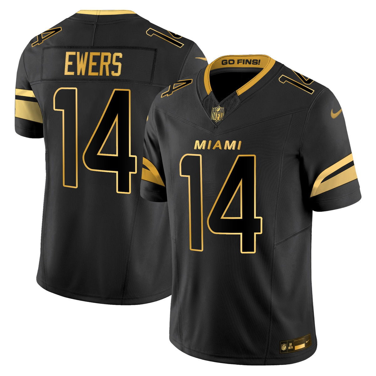 Men's Miami Dolphins 2025 Rivalries Gold Vapor Limited Jersey - All Stitched - Black Gold - Quinn Ewers — view 1
