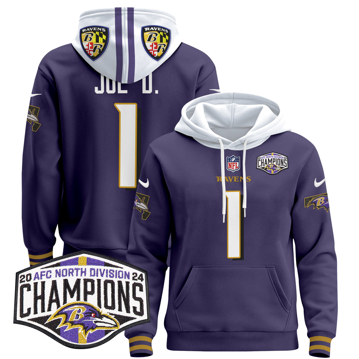 Men's Baltimore Ravens 2024 AFC North Division Champions Patch Pullover Hoodie V2 - All Stitched - Purple - Joe D — view 1