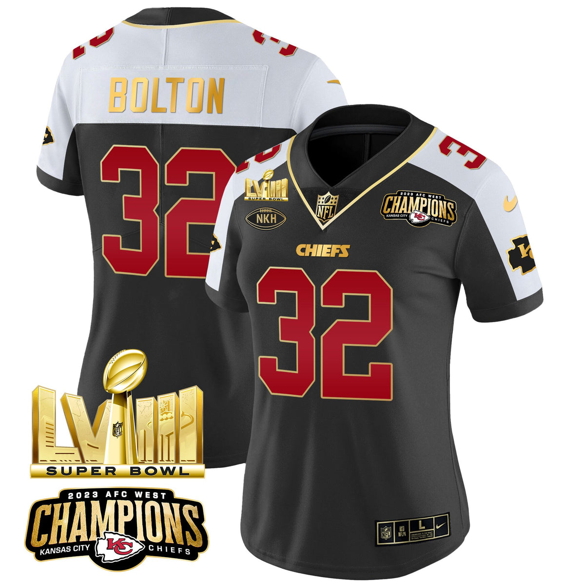 Women's Chiefs AFC West Champions & Super Bowl LVIII Gold Patch Vapor Jersey - All Stitched - Black Alternate - Nick Bolton — view 1