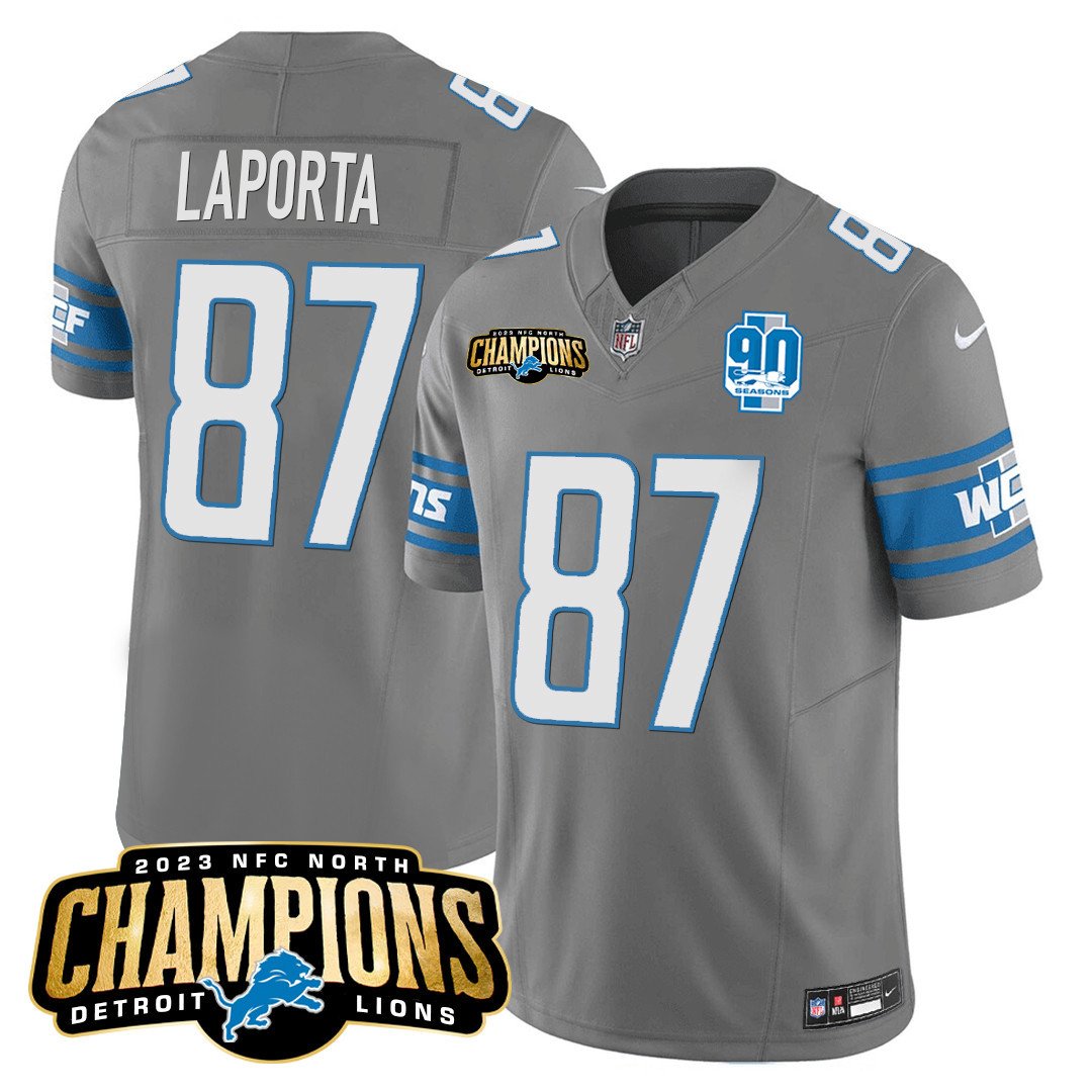 Men's Detroit Lions 2023 NFC North Champions Patch Vapor Jersey V2 - All Stitched - Gray - Sam Laporta — view 1
