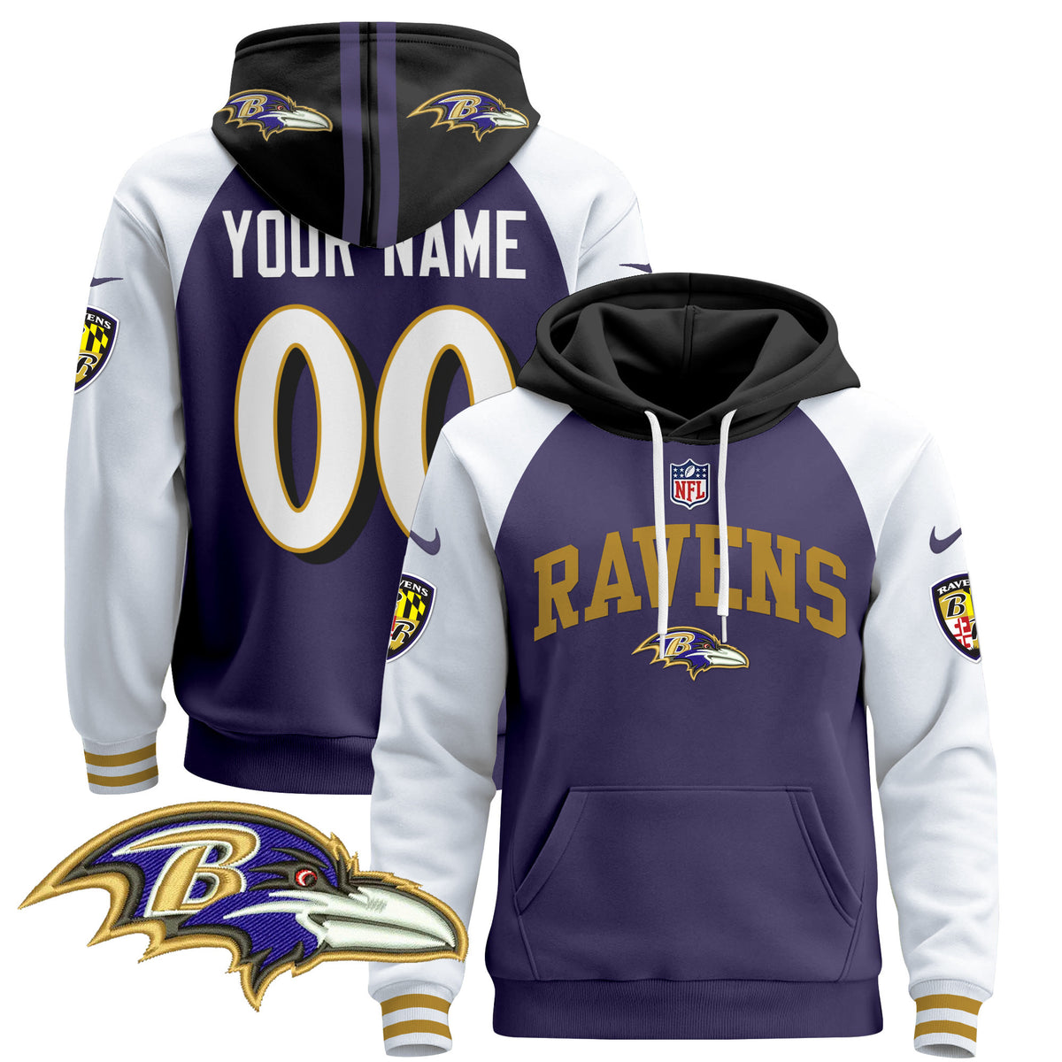 Baltimore Ravens 2024 Custom Pullover Hoodie V2 - All Stitched - Purple Alternate — view 1