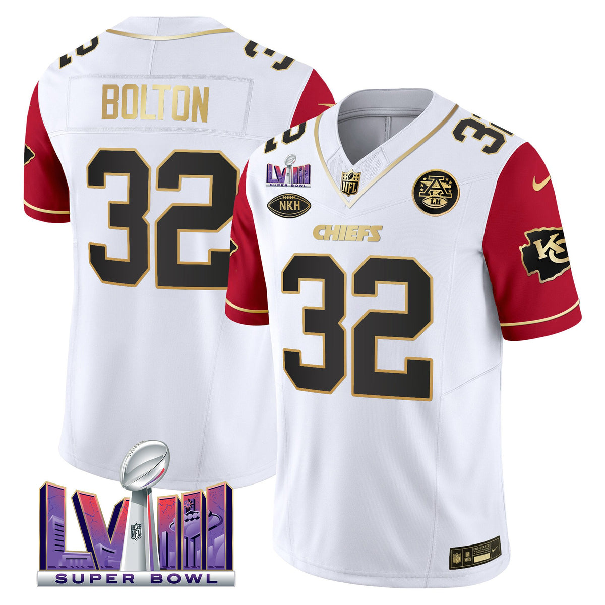 Men's Chiefs Super Bowl LVIII Patch Vapor Jersey V3 - All Stitched - Color Sleeves - Nick Bolton — view 1