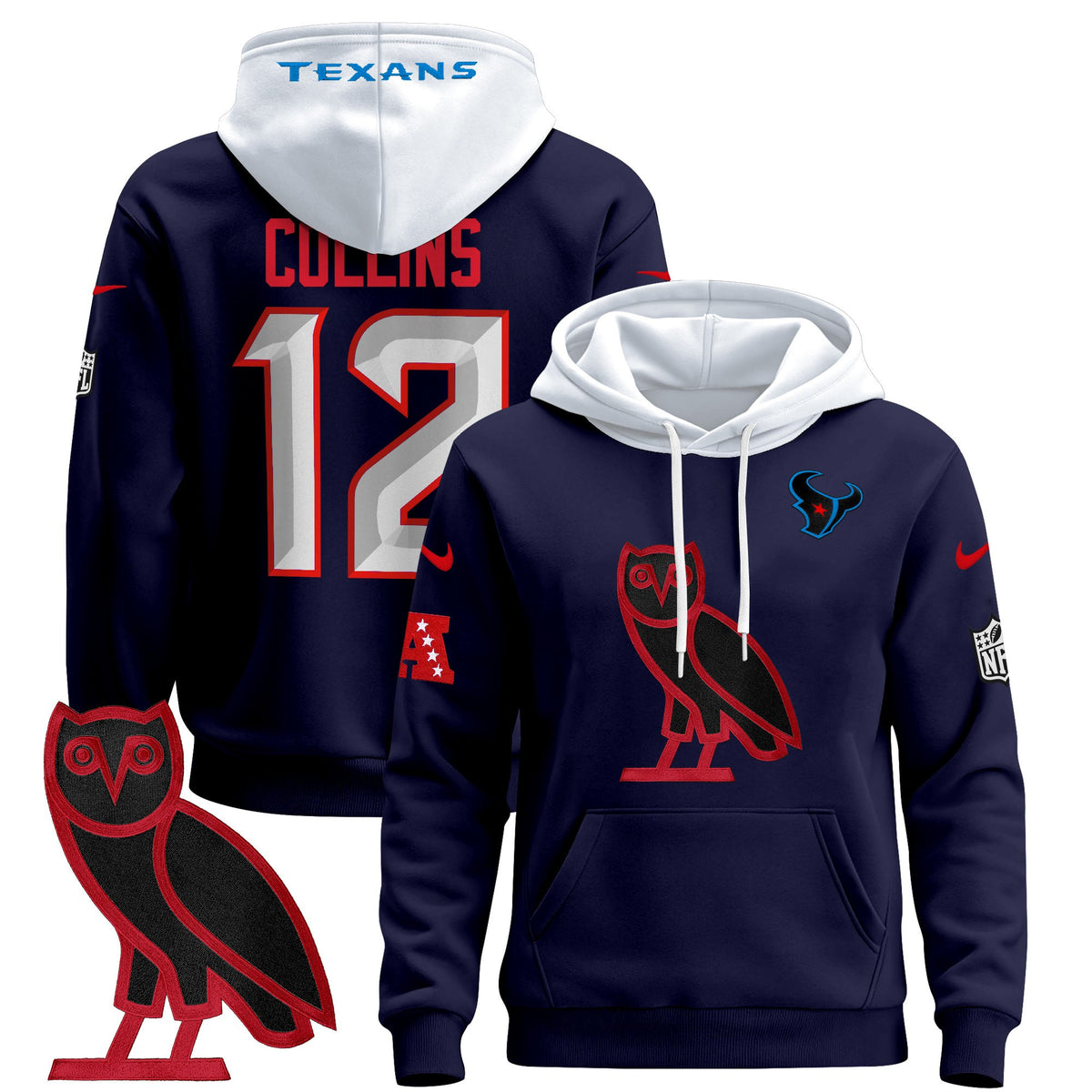Men's Houston Texans OVO 2024 Pullover Hoodie - All Stitched - Navy - Nico Collins — view 1