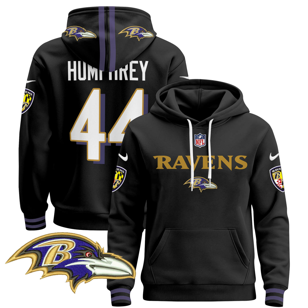 Men's Baltimore Ravens 2024 Pullover Hoodie V3 - All Stitched - Black - Marlon Humphrey — view 1