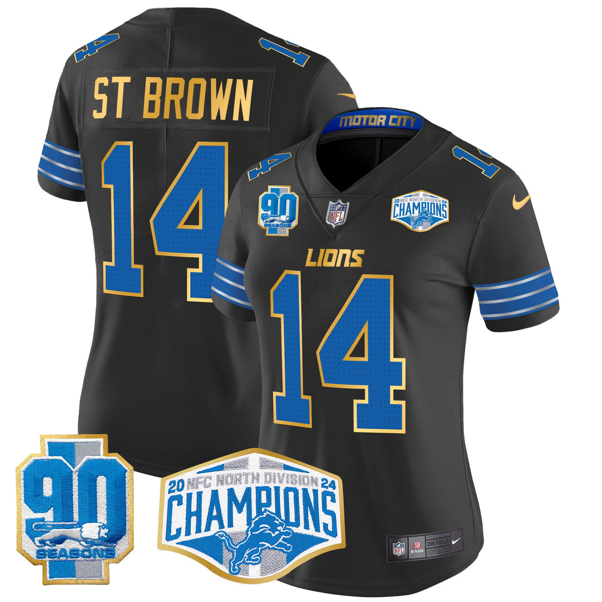 Women's Detroit Lions 2024 NFC North Division Champions Patch Gold Trim Vapor Limited Jersey - All Stitched - Black - St. Brown — view 1