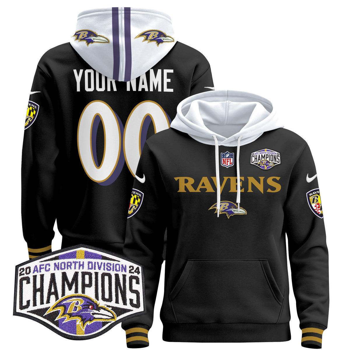 Baltimore Ravens 2024 AFC North Division Champions Patch Custom Pullover Hoodie - All Stitched - Black — view 1