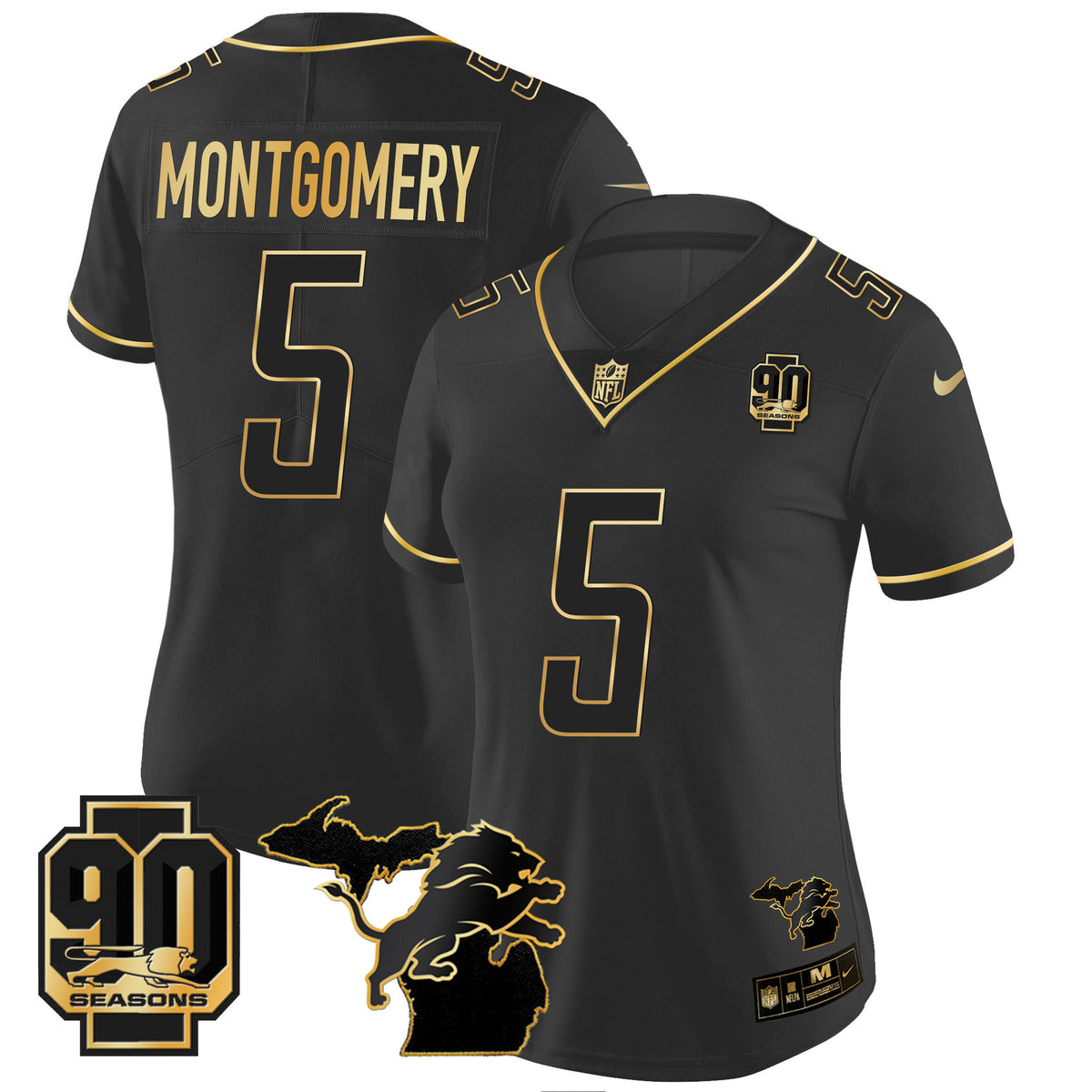 Women's Detroit Lions 90th Year & Michigan Patch Gold Vapor Jersey - All Stitched - Black Gold - David Montgomery — view 1