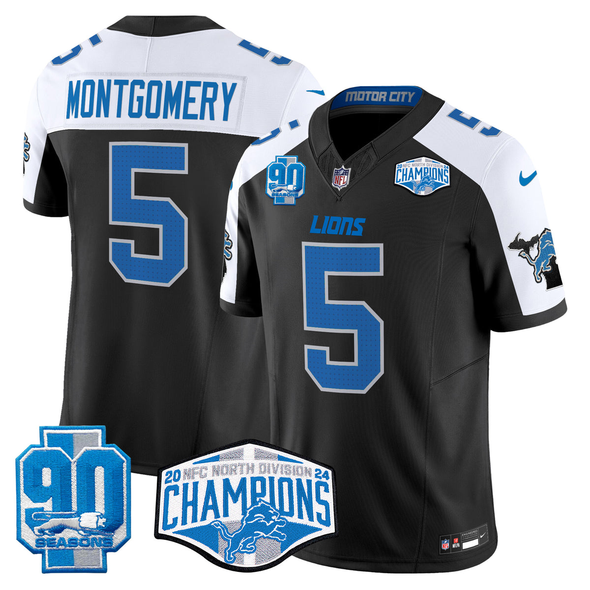 Men's Detroit Lions 2024 NFC North Division Champions Patch Vapor Limited Jersey - All Stitched - Black Alternate - David Montgomery — view 1