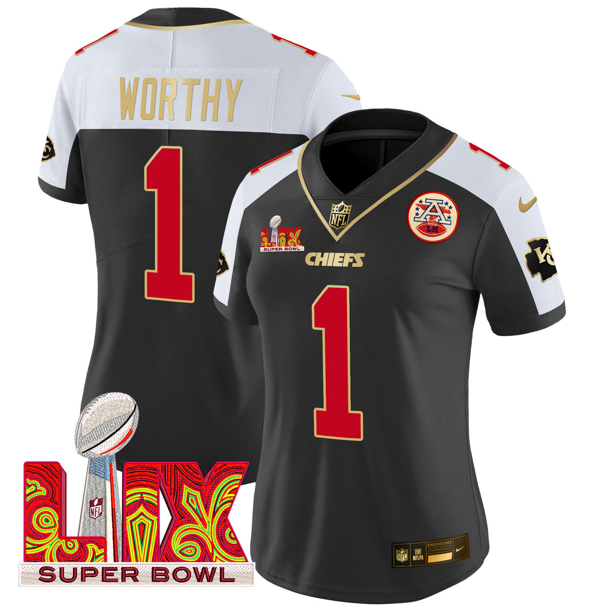 Women's Chiefs Super Bowl LIX Patch Gold Trim Vapor Limited Jersey - All Stitched - Black Alternate - Xavier Worthy — view 1