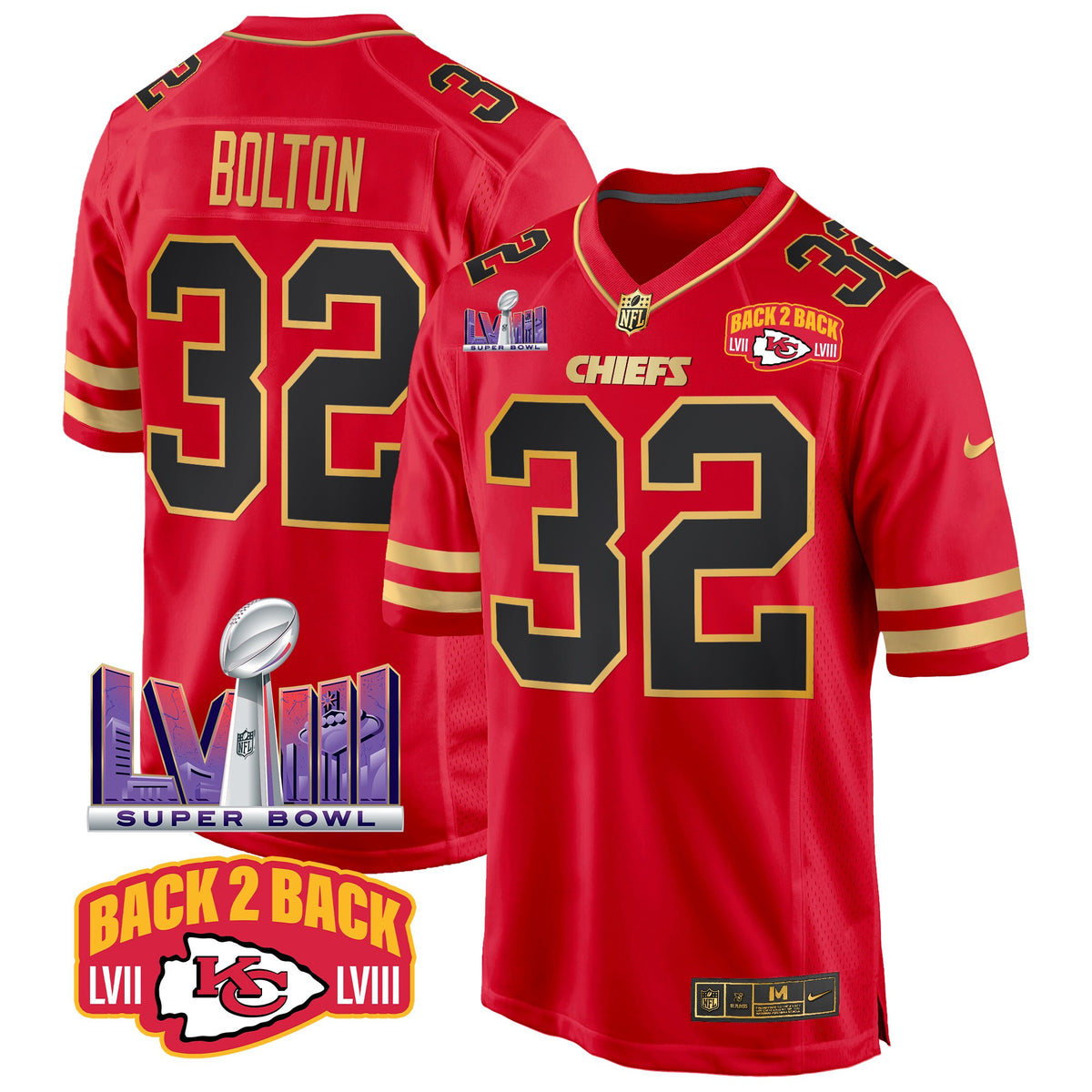 Men's Chiefs Super Bowl LVIII & Back 2 Back Patch Game Jersey - All Stitched - Black Red - Nick Bolton — view 1